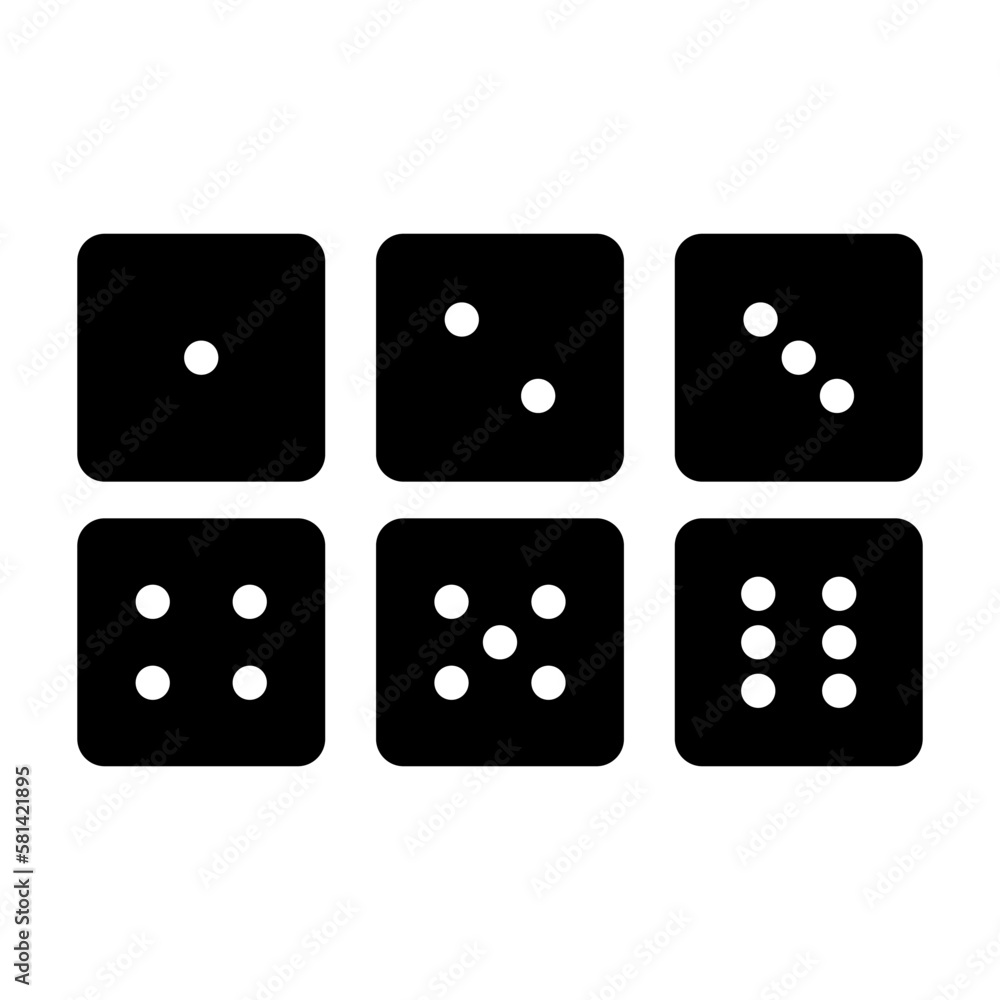 Set of dice in linear design from one to six. Traditional game die with marked with different numbers of dots or pips from 1 to 6 Set of dice in linear design from one to six. Traditional game die with marked with different numbers of dots or pips from 1 to 6
