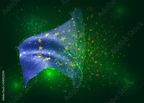 European Union, on vector 3d flag on green background with polygons and data numbers