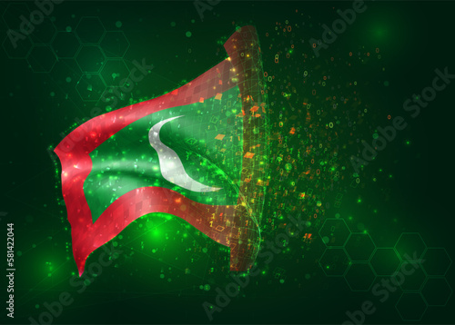 Maldives, on vector 3d flag on green background with polygons and data numbers