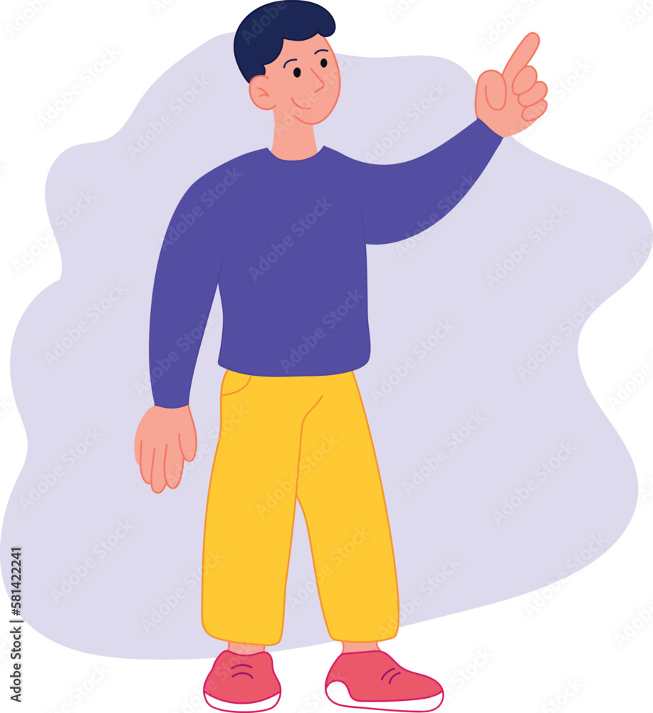 Cartoon man with a pointing finger. Male pointing or attracting viewers attention. Bright hand drawn boy with raised index finger