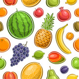 Vector Fruits Seamless Pattern, square repeating background with cut out illustration of ripe different fruits for wrapping paper, group of flat lay healthy fruits for home interior decor or bed linen