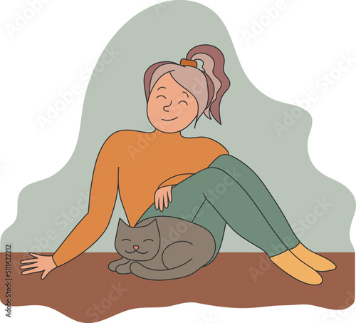Young woman is resting near her sleeping cat. Girl sitting with a cat. Hand drawn art in pale colors