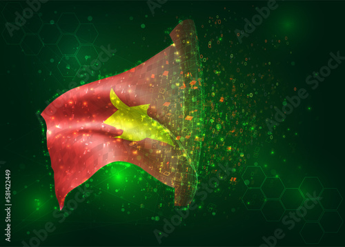 Vietnam, on vector 3d flag on green background with polygons and data numbers