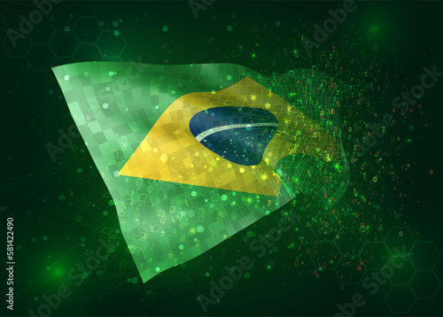 Brazil, on vector 3d flag on green background with polygons and data numbers