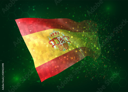 Spain  on vector 3d flag on green background with polygons and data numbers