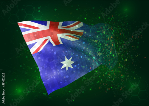 Australia, on vector 3d flag on green background with polygons and data numbers