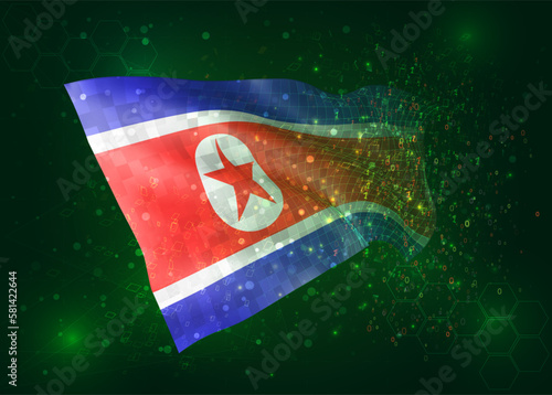 Korea  on vector 3d flag on green background with polygons and data numbers