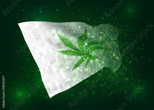 Сannabis, on vector 3d flag on green background with polygons and data numbers