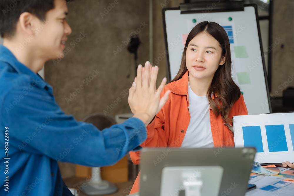 Creative team web designer feel happy work complete Teamwork planning application, success at work in the office concept. Creative team web designer feel happy work complete Teamwork planning application, success at work in the office concept.