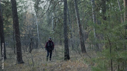Wallpaper Mural Traveler in the Pine Forest Looks Around and Enjoys Nature and a Beautiful Day. Young Man Hiking in Forest. Active healthy Beautiful man in wood. Man Walks Along Forest. Leisure, bio-tourism Torontodigital.ca
