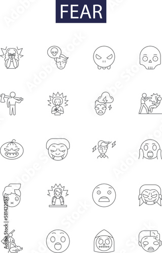 Fear line vector icons and signs. Phobia, Apprehension, Dread, Terror, Panic, Trepidation, Horror, Alarm outline vector illustration set