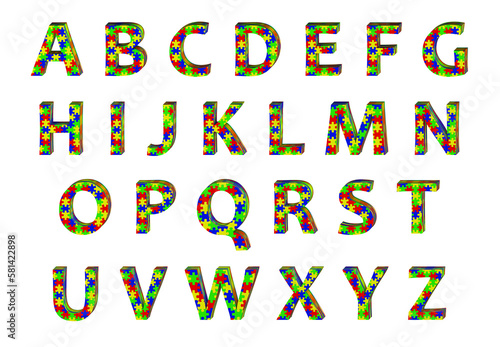 A 3D alphabet consisting of individual letters with a jigsaw puzzle pattern texture, creating a unique and playful design