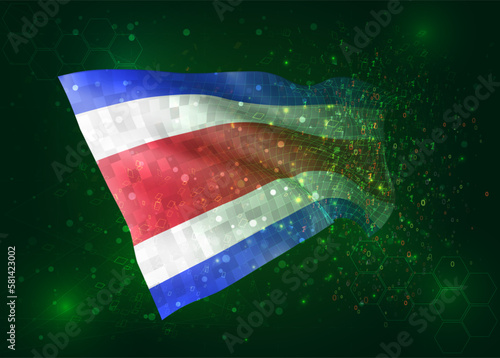 Costa Rica  on vector 3d flag on green background with polygons and data numbers