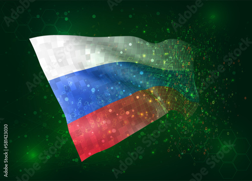 Russia  on vector 3d flag on green background with polygons and data numbers