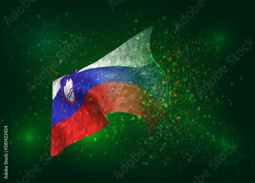 Slovenia  on vector 3d flag on green background with polygons and data numbers
