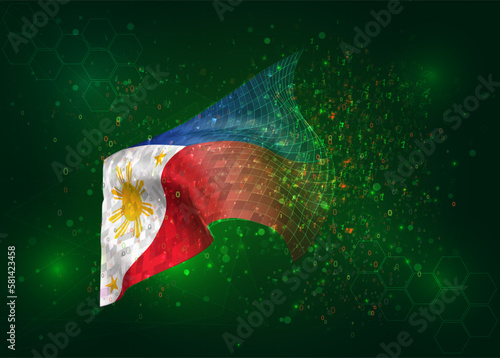 Philippines, on vector 3d flag on green background with polygons and data numbers