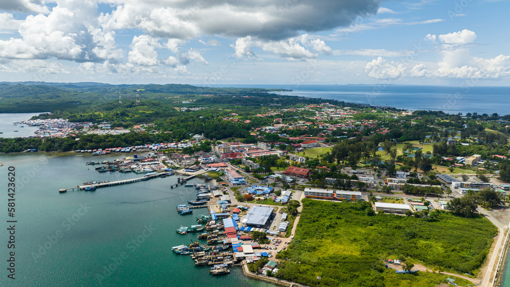Aerial view of city of Kudat is located on the island of Borneo in the state of Sabah.