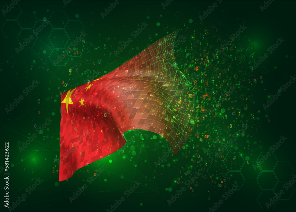 China, on vector 3d flag on green background with polygons and data numbers