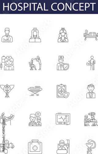 Hospital concept line vector icons and signs. Care, Treatment, Medicine, Surgery, Physician, Doctor, Staff, Health outline vector illustration set