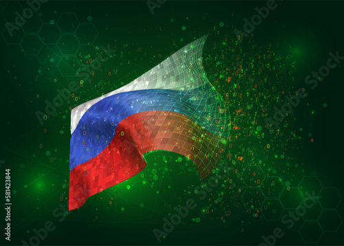 Russia  on vector 3d flag on green background with polygons and data numbers