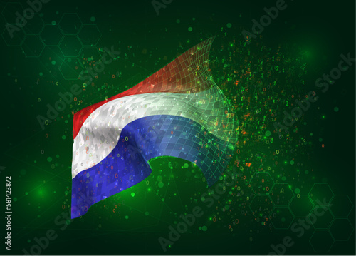 Netherlands, on vector 3d flag on green background with polygons and data numbers