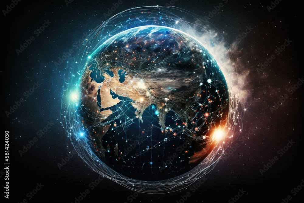 Communication technology for internet business. Global world network and telecommunication on earth cryptocurrency and blockchain and IoT. Elements of this image furnished by NASA