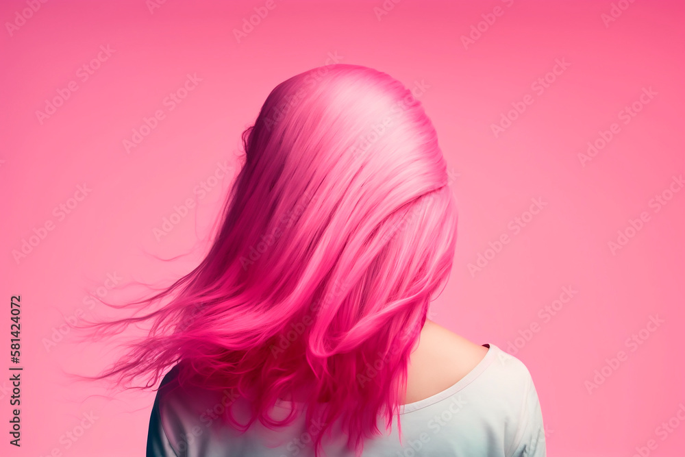 Woman with flying pink hair on a pink background view from the back, stylish fashion and beauty concept, arched hair. Generative AI. Woman with flying pink hair on a pink background view from the back, stylish fashion and beauty concept, arched hair. Generative AI.
