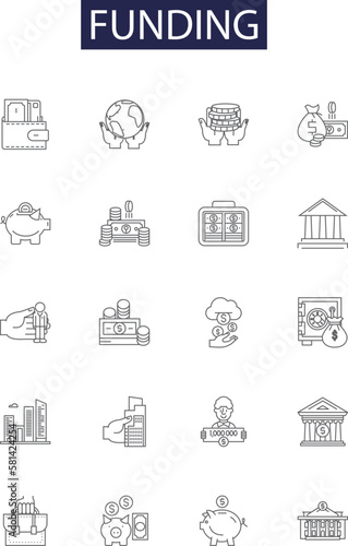 Funding line vector icons and signs. Funding, Investment, Credit, Grant, Loan, Support, Budget, Secure outline vector illustration set