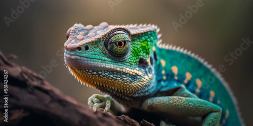 Green chameleon with textured skin close-up, blurred tropical background. Multi-colored skin of a chameleon in nature. Generative AI. © VICHIZH