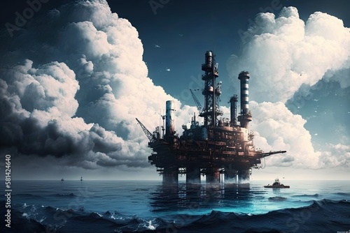 Offshore oilfield and platform HD desktop and mobile wallpaper, offshore oilfield daytime ship view, blue ocean, sky with lovely clouds. Generative AI