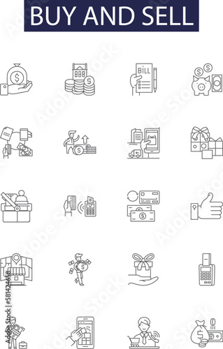 Buy and sell line vector icons and signs. Purchasing, Selling, Bartering, Exchanging, Brokering, Shopping, Bidding, Dealmaking outline vector illustration set
