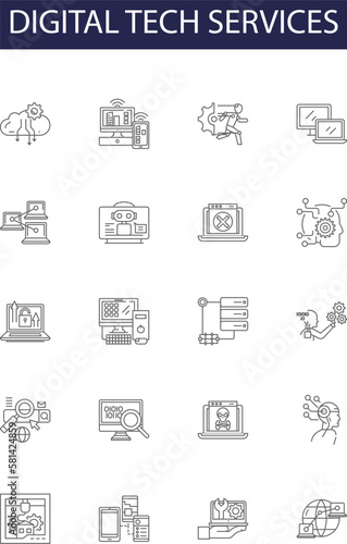 Digital tech services line vector icons and signs. Tech, Services, Cloud, Computing, IT, Solutions, Consulting, Networking outline vector illustration set