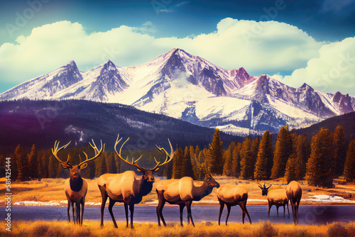 Herd of elk under the snow mountain. © imlane