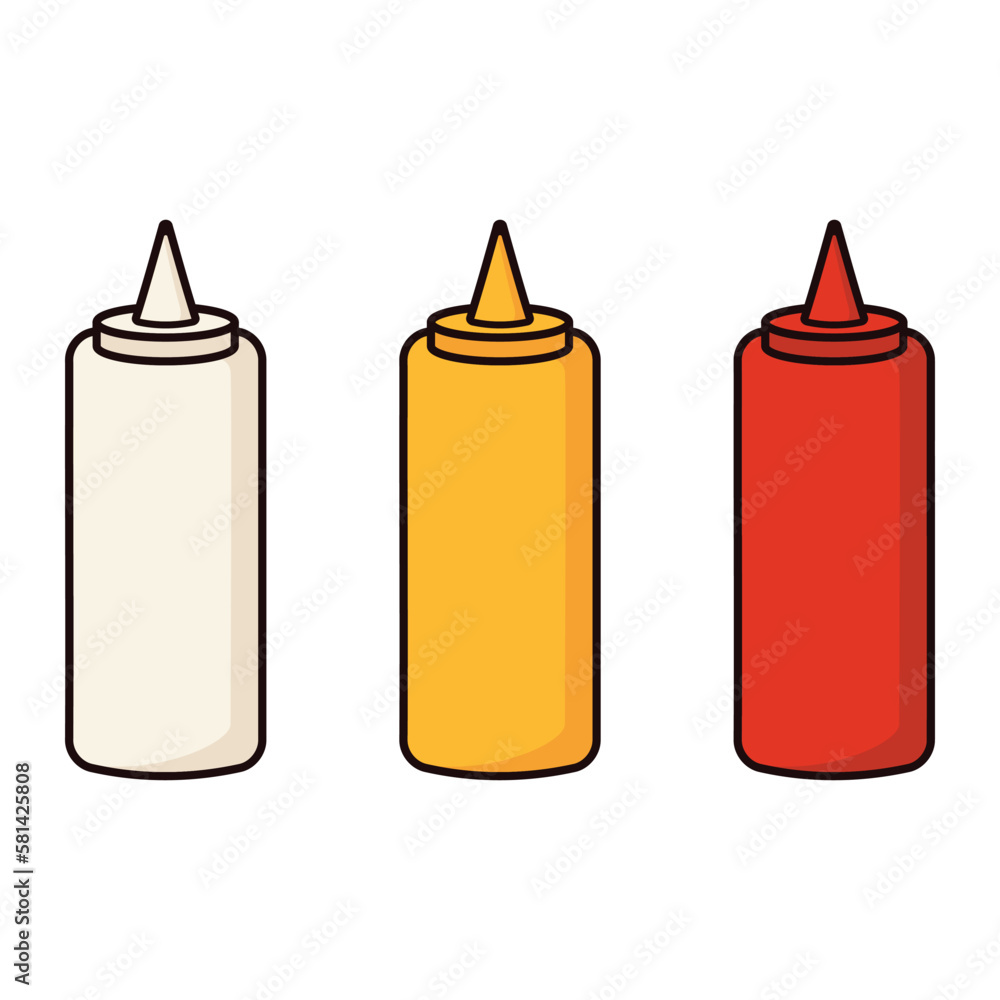 Ketchup and mustard and mayonnaise squeeze bottle cartoon icon vector illustration. Food icon concept illustration Ketchup and mustard and mayonnaise squeeze bottle cartoon icon vector illustration. Food icon concept illustration