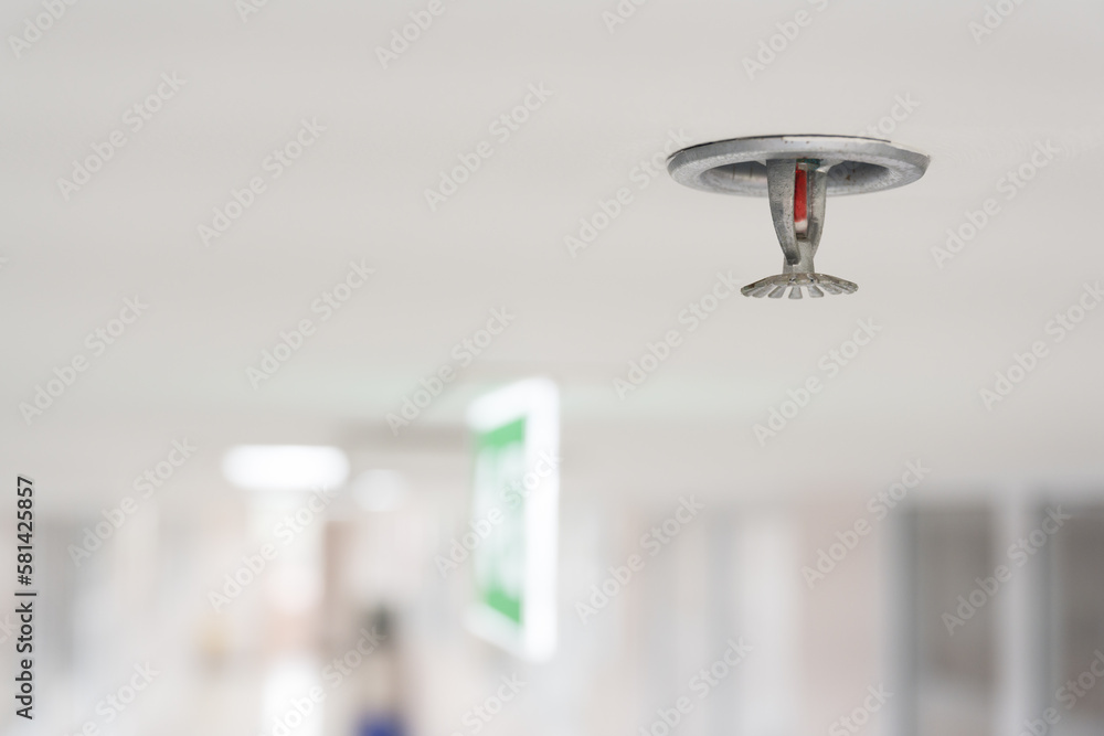 Fire fighting equipment, sprinkler on white ceiling background.Automatic head fire sprinkler extinguisher selected focus on sprinkler.Fire fighter safety concept. - obrazy, fototapety, plakaty 