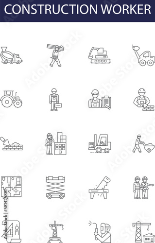 Construction worker line vector icons and signs. Mason, Carpenter, Plumber, Electrician, Roofer, Laborer, Ironworker, Operator outline vector illustration set