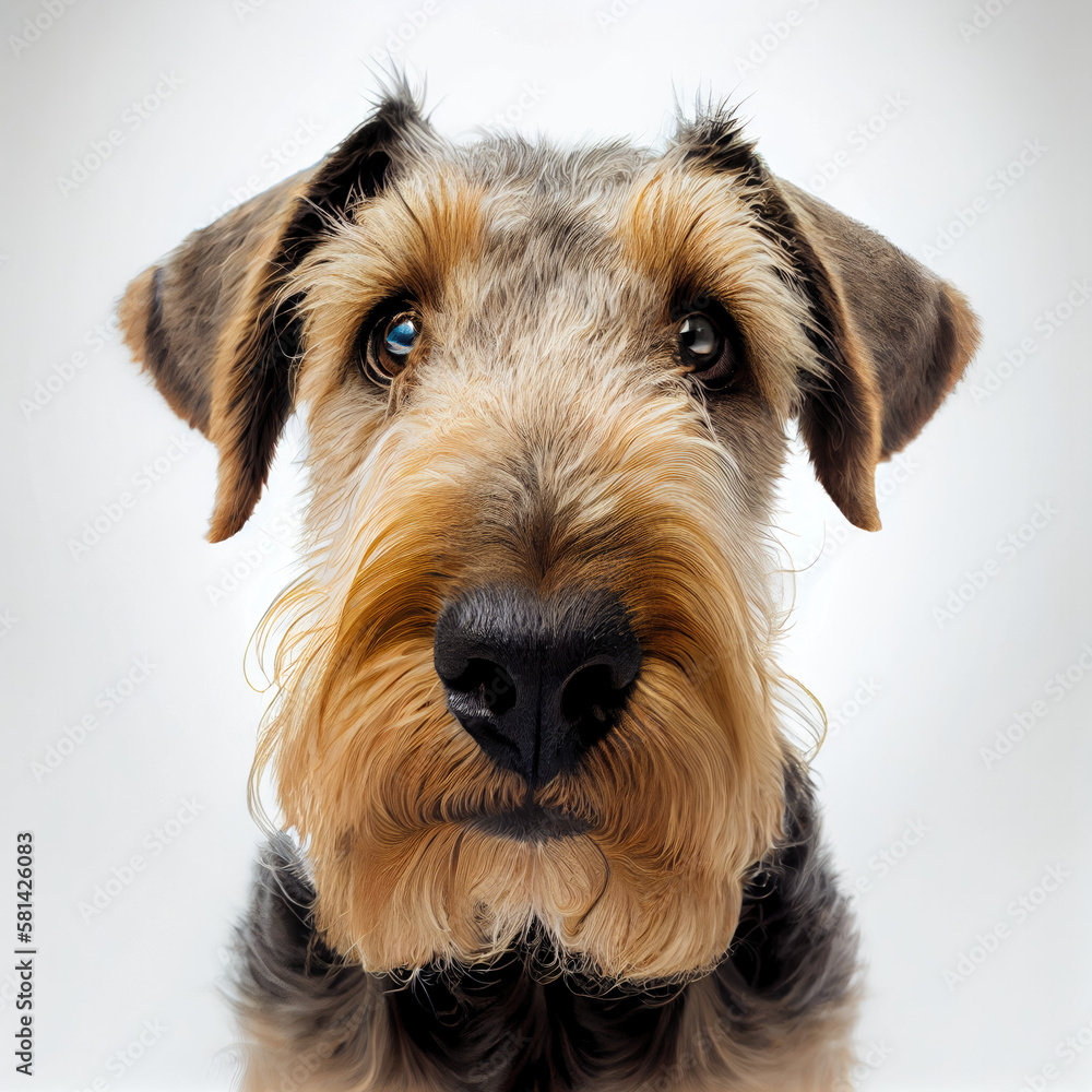 Adult Airedale Terrier dog portrait isolated on a white background. Generative AI. Adult Airedale Terrier dog portrait isolated on a white background. Generative AI.