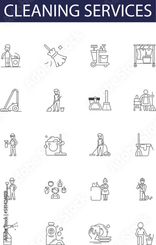 Cleaning services line vector icons and signs. Dusting, Disinfecting, Vacuuming, Mopping, Degreasing, Organizing, Polishing, Pressure-washing outline vector illustration set