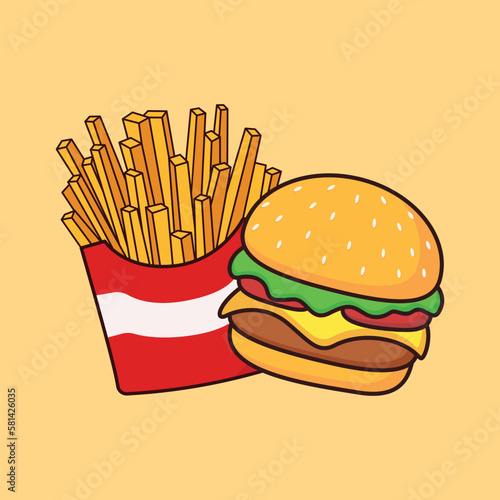 French fries and burger cartoon icon vector illustration. Food icon concept illustration, suitable for icon, logo, sticker, clipart