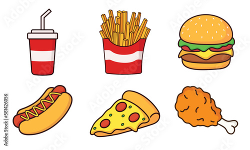 Fast food cartoon icon vector collection. Pizza, burger, chicken leg, hotdog, french fries, soda cup. Food and drink icon concept illustration
