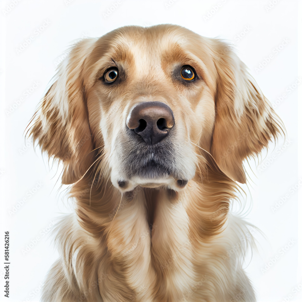 Adult Golden Retriever dog portrait isolated on a white background. Generative AI. 