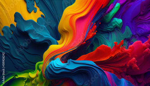 Liquid multicolored paint motion flow, paint splash and splatter, abstract background. Curved wave colorful pattern with paint drops. Generative AI