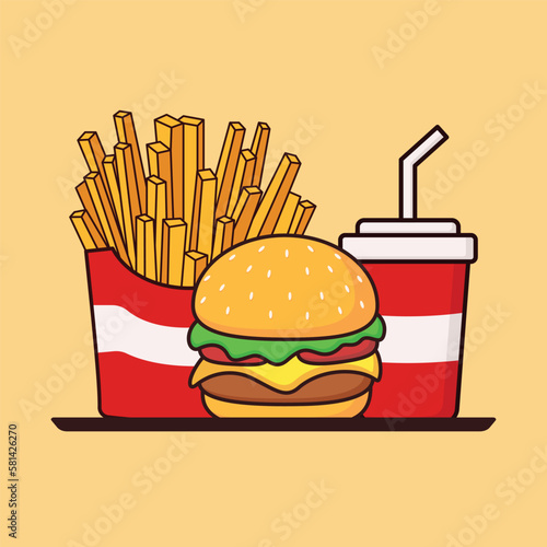 fast food cartoon icon vector illustration. French fries, burger, and soda cup. Food icon concept illustration, suitable for icon, logo, sticker, clipart