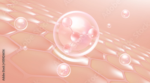 Hyaluronic acid hair and skin solutions ad, pink collagen serum drop into skin cells with cosmetic advertising background ready to use, illustration vector.	