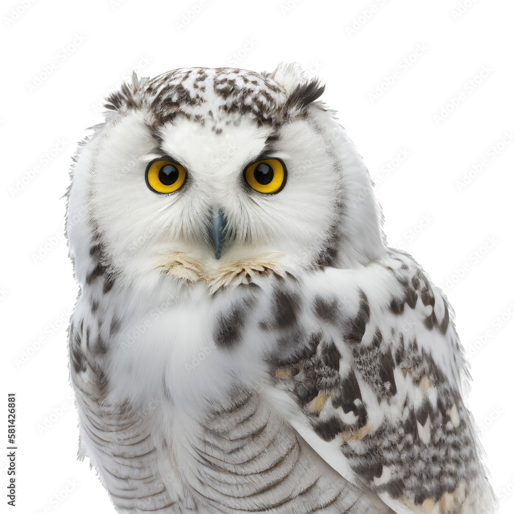 Obraz premium snowy owl face shot , isolated on transparent background cutout , generative ai
