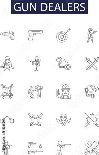 Gun dealers line vector icons and signs. Outfitters, Armorers, Suppliers, Traders, Sellers, Brokers, Providers, Retailers outline vector illustration set