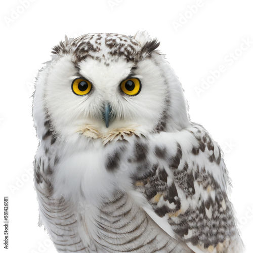 snowy owl face shot , isolated on transparent background cutout , generative ai