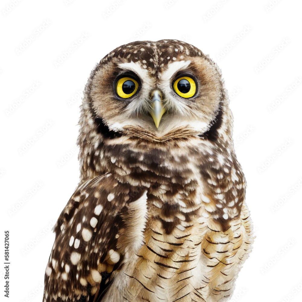 speckled owl face shot , isolated on transparent background cutout , generative ai speckled owl face shot , isolated on transparent background cutout , generative ai