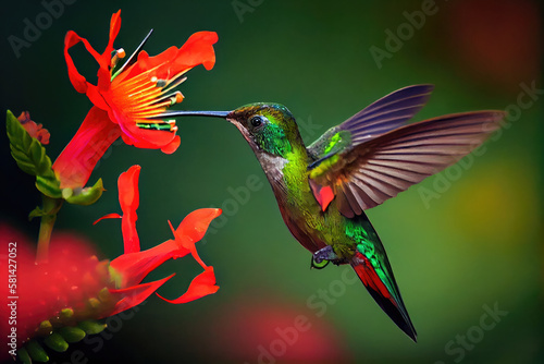Fotografija A hummingbird sucks honey from a flower.