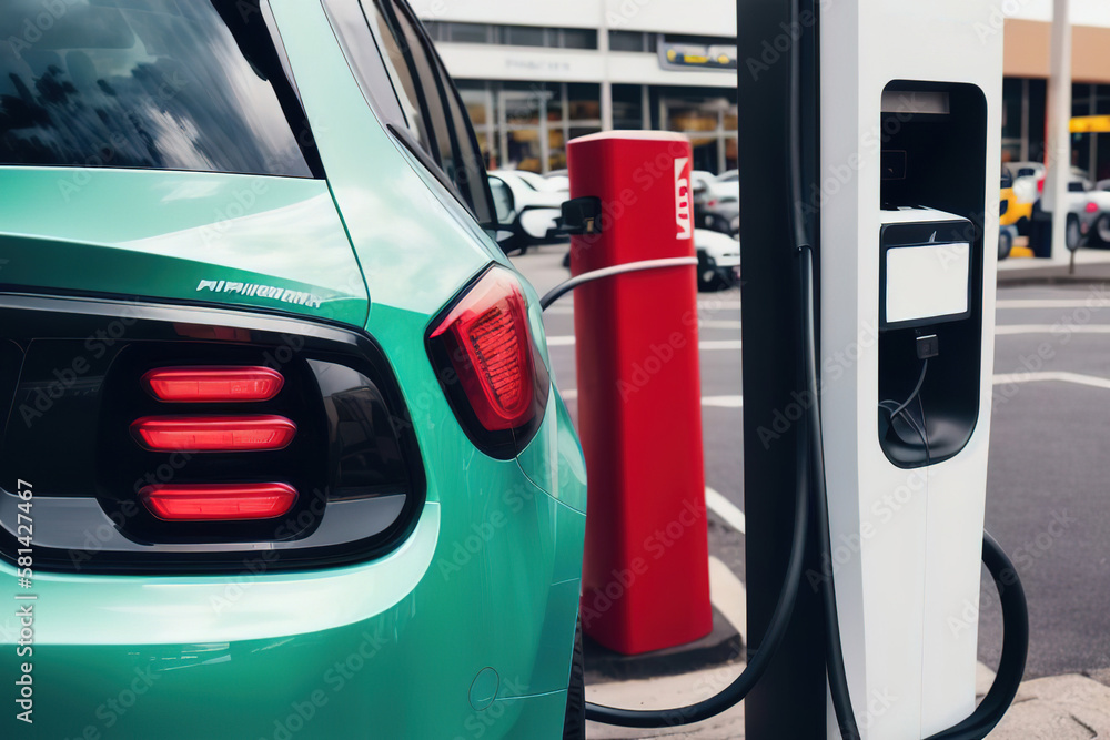 Charging modern electric car battery on the street, Close up of power supply plugged into an electric car, Generative AI. Charging modern electric car battery on the street, Close up of power supply plugged into an electric car, Generative AI.